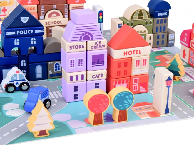 Set de blocuri de lemn pastelate cu oraș și covoraș puzzle 115 piese