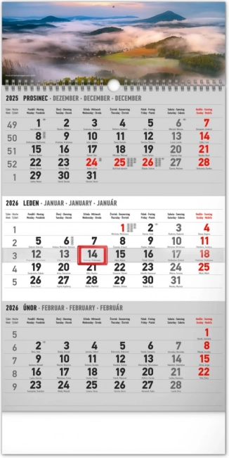 Calendar de perete trimestrial peisaj gri 2026 cu nume cehe 29,5 × 43 cm