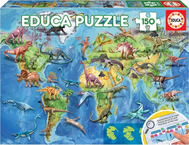 Puzzle educa harta lumii cu dinozauri 150 piese