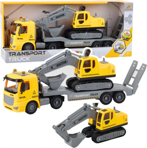 Camion cu platformă detașabilă și excavator pe șenile cu lumini și sunete – galben