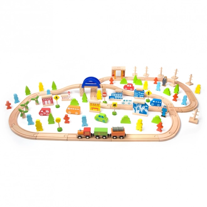 Set trenuleț de lemn Classic World cu accesorii 110 piese
