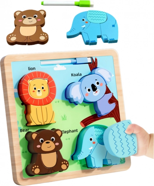 Puzzle educațional din lemn cu animale și tablă de desen