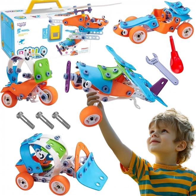 Set construcții vehicule 5 în 1 WOOPIE