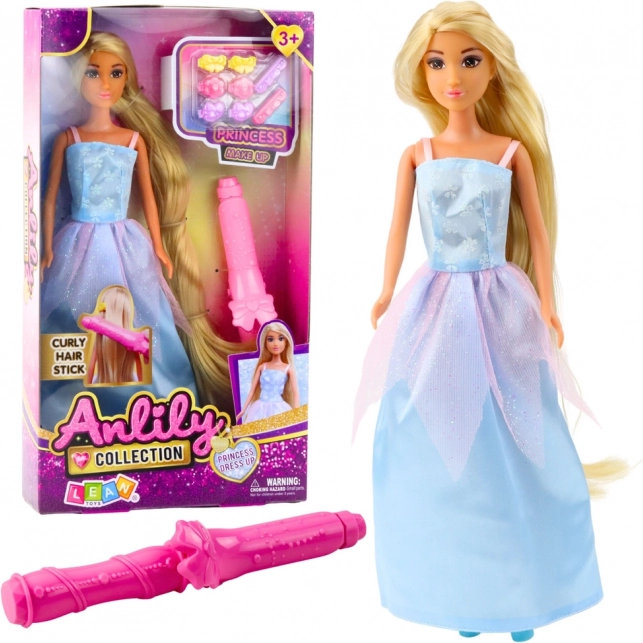 Păpușa Anlily în rochie albastră de bal cu accesorii pentru aranjarea părului