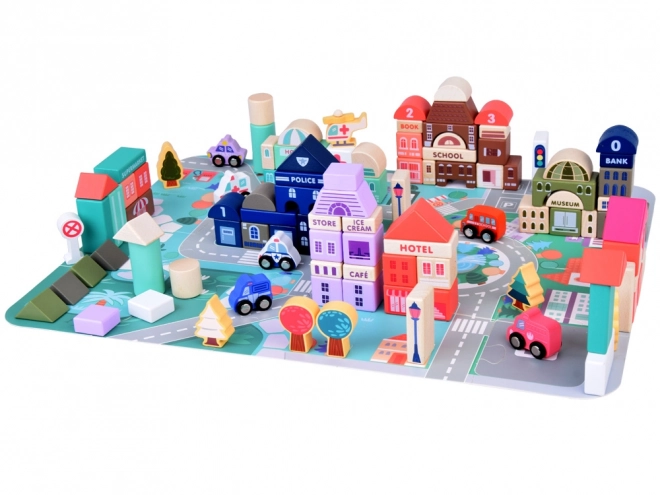 Set de blocuri de lemn pastelate cu oraș și covoraș puzzle 115 piese