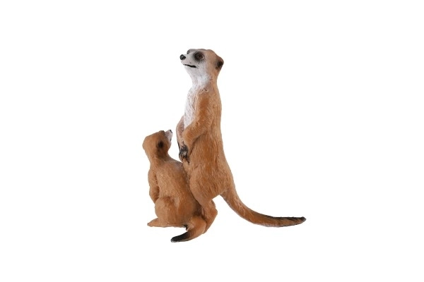 Figurină decorativă Suricată cu pui - plastic, maro deschis, 8cm