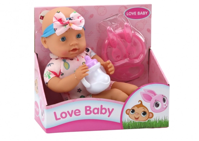 Lălcuș Baby cu haine Flamingo și accesorii de hrănire