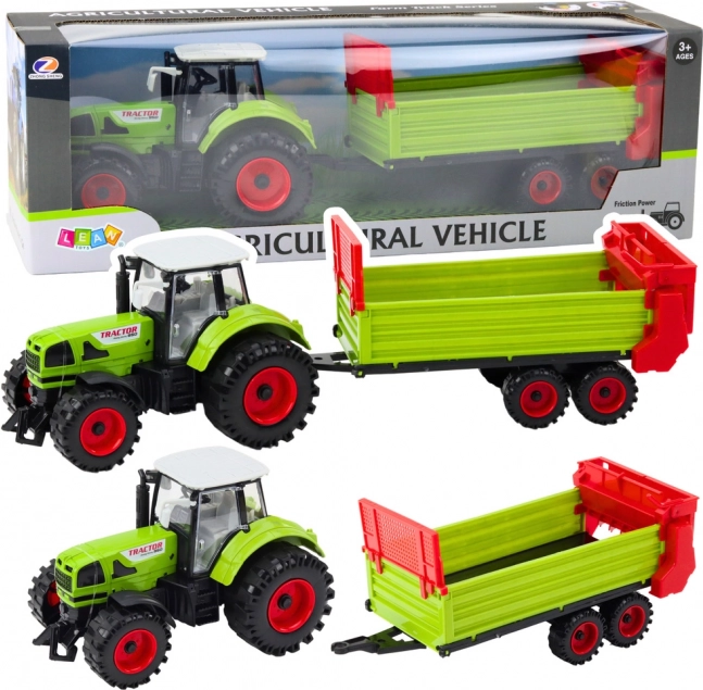 Tractor cu remorcă cu volant, capotă și uși care se deschid, verde