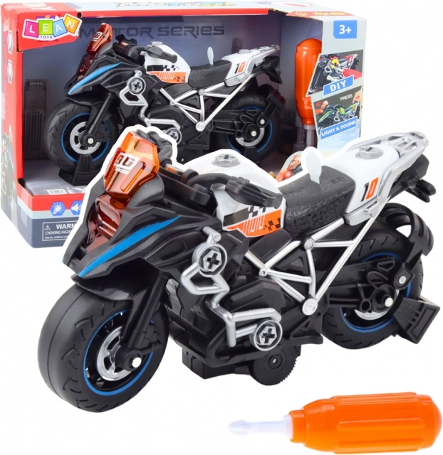Motocicletă de asamblat cu lumini și sunete negru de curse