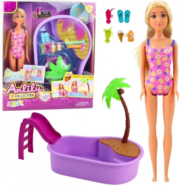 Păpușa ANLILY pe plajă cu piscină și accesorii
