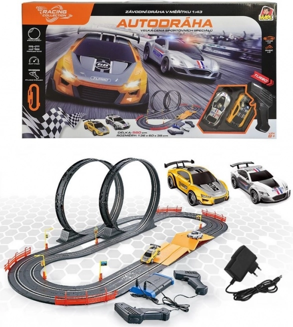 Pistă auto Racing Collection 560 cm cu loopinguri și două mașini