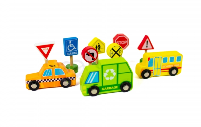 Set din lemn de vehicule și indicatoare rutiere Tooky Toy