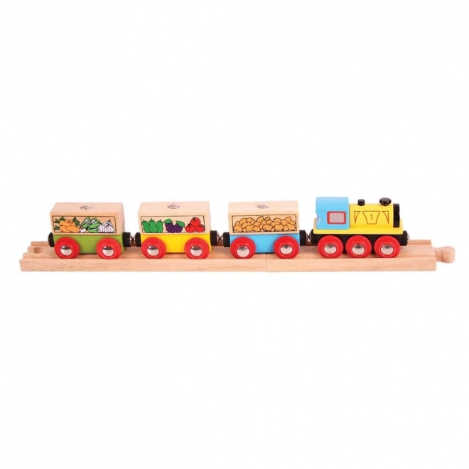 Set trenuleț Bigjigs Rail cu legume și 3 șine