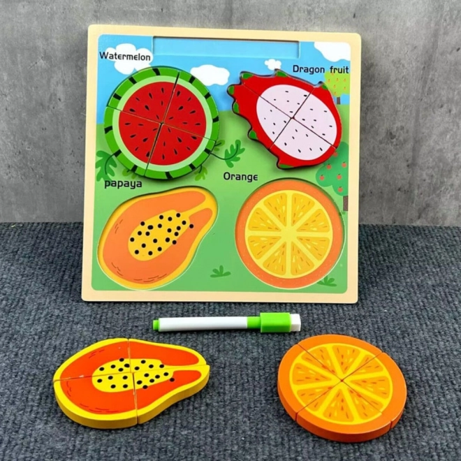 Puzzle educațional din lemn cu tablă de desenat - Fructe