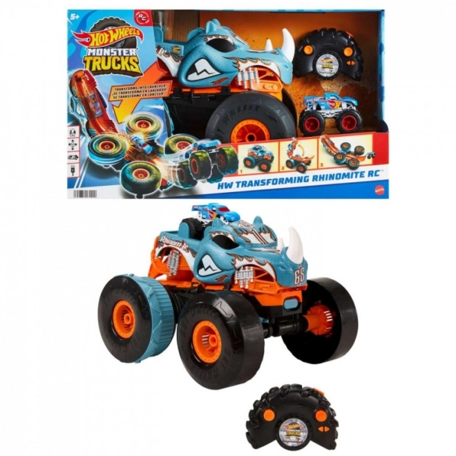 Pojazd RC Hot Wheels Monster Trucks Rhinomite Mega Transformare la Scară 1:12