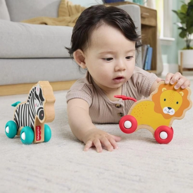 Animale de împins din lemn Leu și Zebră de la Fisher-Price