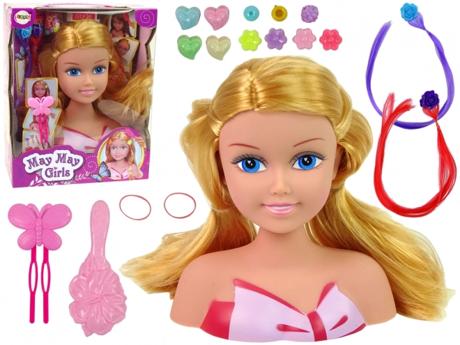 Cap de păpușă cu accesorii și șuvițe colorate