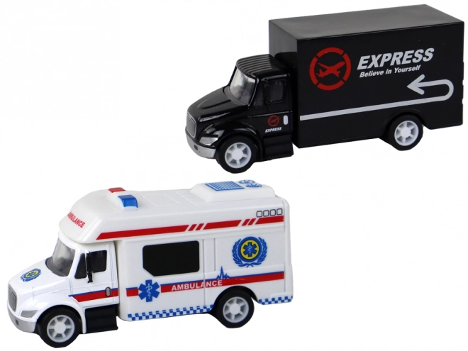 Set vehicule cu motor friction 1:87 - Camion, ambulanță, rulotă, cofetărie pe roți