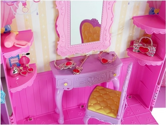 Dressing cu iluminare și oglindă, păpușă 26 cm, set vestimentație și accesorii