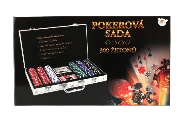 Set poker 300 bucăți cu cărți și zaruri în servietă de aluminiu