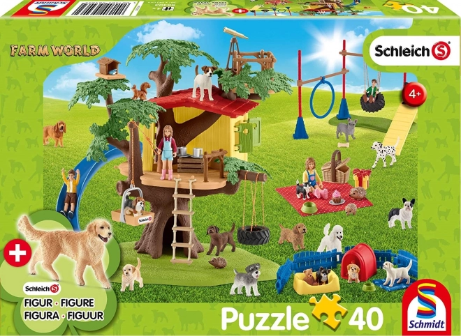 Puzzle SCHMIDT Schleich cățeluși fericiți cu 40 piese și figurină Schleich