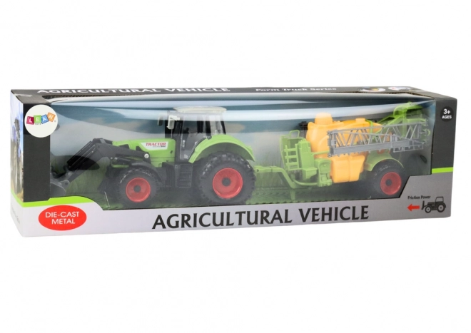 Tractor multifuncțional cu excavator și pulverizator verde