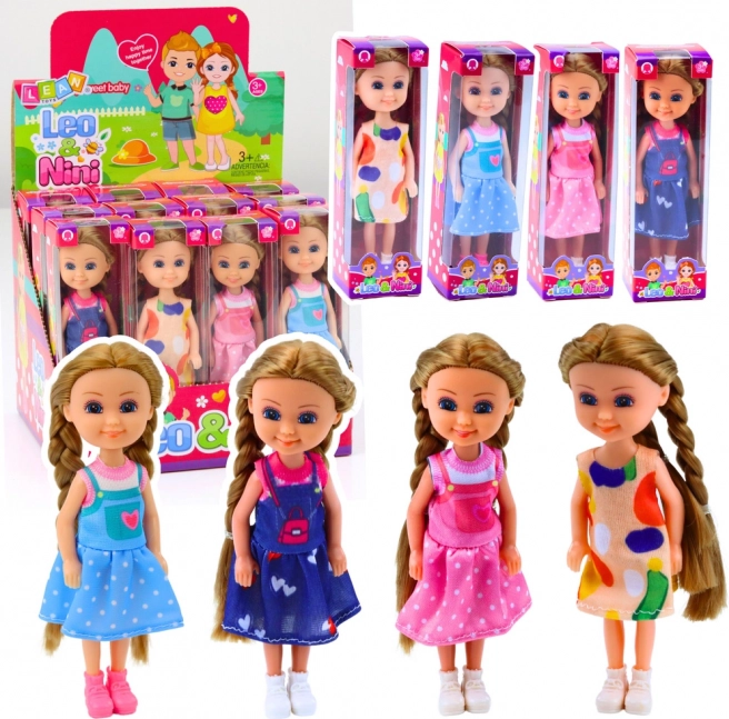 Mini păpușă cu păr lung în rochie 15 cm