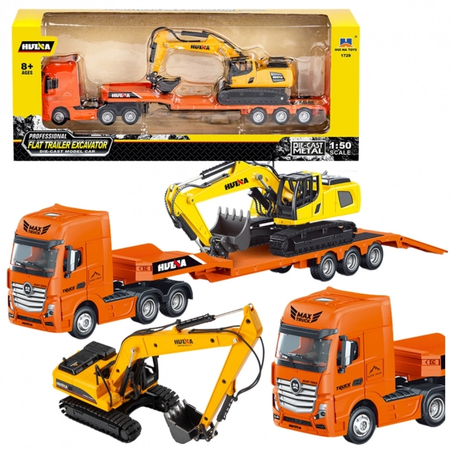 Camion cu Remorcă și Excavator Metalic Huina 1:50
