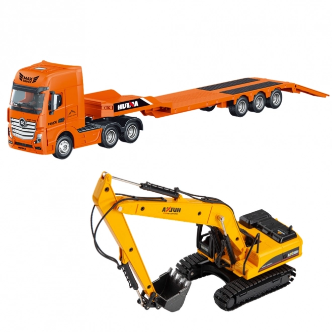 Camion cu Remorcă și Excavator Metalic Huina 1:50