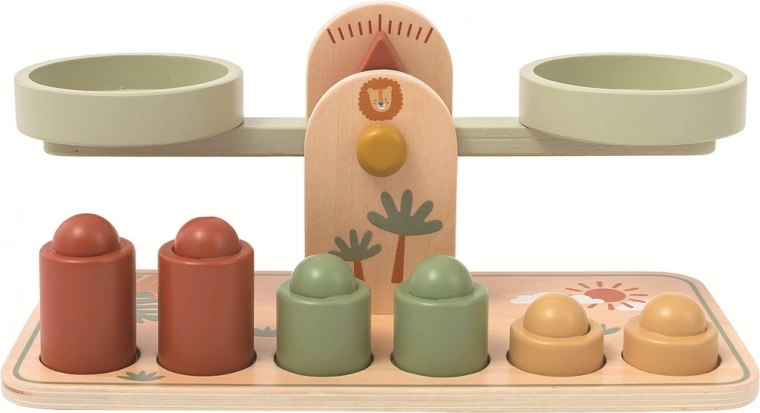 Cântar cu boluri din lemn pentru copii în culori pastel inspirat de Montessori