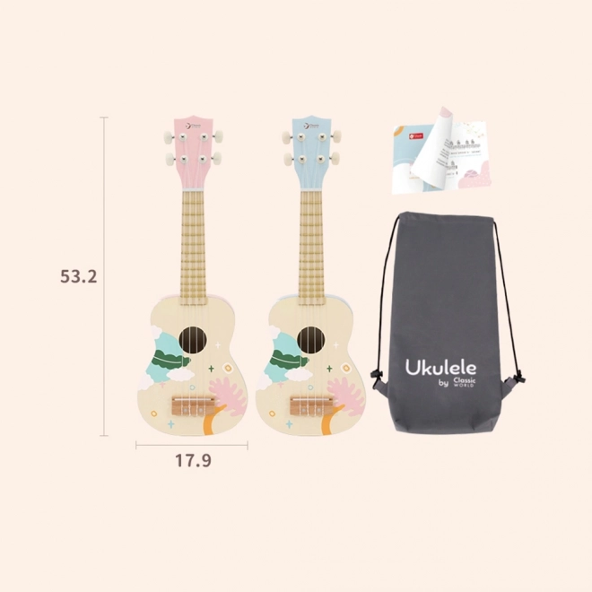 Ukulele din lemn roz pentru copii