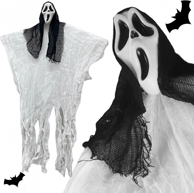 Fantom de Halloween agățat cu glugă și mască țipătoare 90 cm