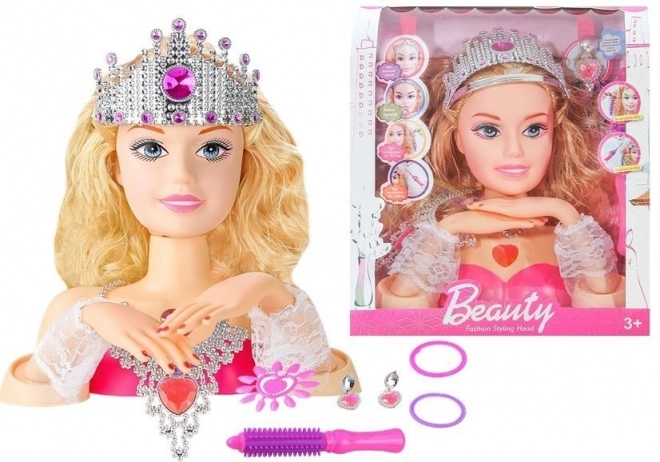 Cap de păpușă stilat cu coroană + accesorii