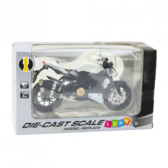 Motocicletă sportivă metalică albă 1:12 cu efecte
