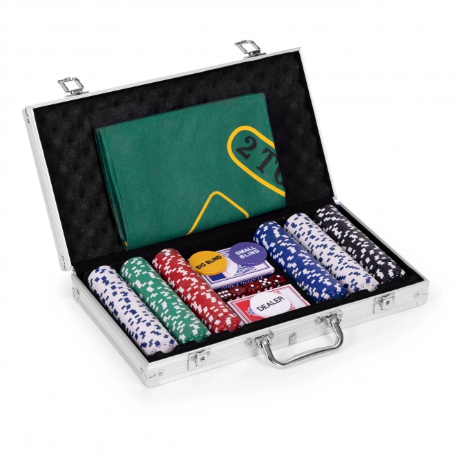 Set Poker Blackjack cu 300 Jetoane, 2 Pachete Cărți, Zaruri și Husă cu Încuietoare