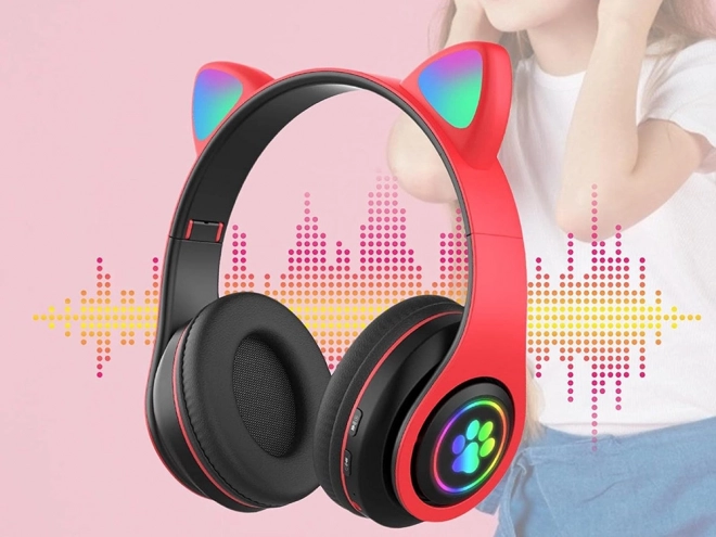 Căști wireless bluetooth radio fm mp3 urechi de pisică cu LED iluminat
