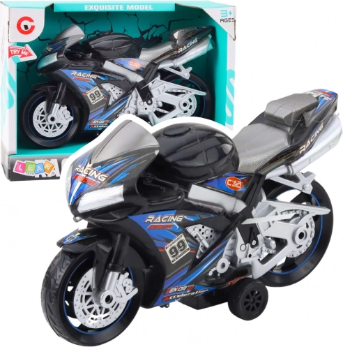 Motocicletă de jucărie de curse negru-albastru cu iluminare și sunete