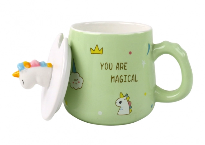 cană ceramică cu unicorn verde cu capac și linguriță