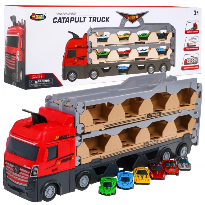 Set 3 în 1 Camion cu platformă și mașinuțe pentru copii 3+ Pista cu catapultă