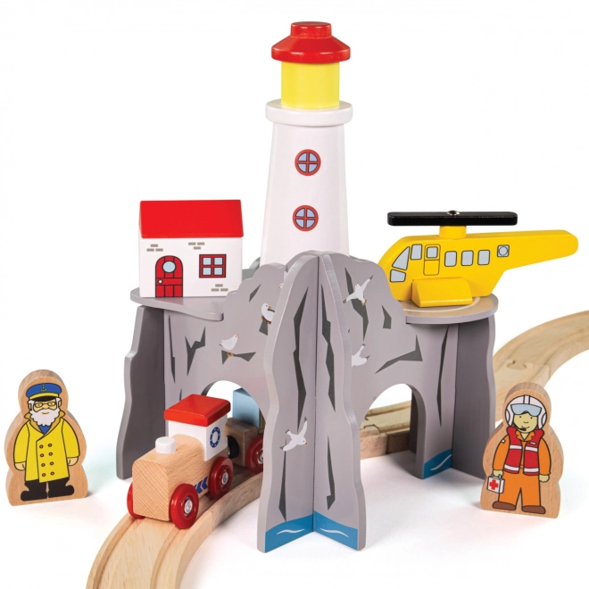 Tunel feroviar cu far și heliport Bigjigs Rail