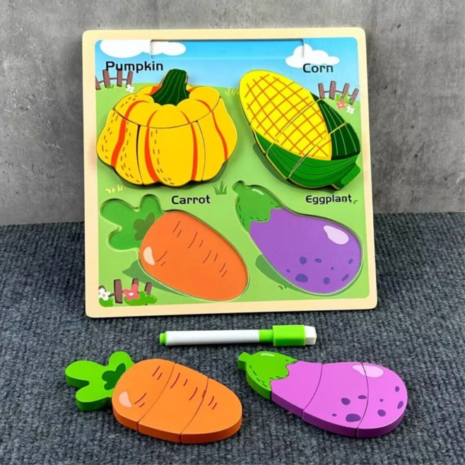 Puzzle educativ din lemn cu legume și tablă de desenat