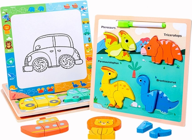 Puzzle educativ din lemn cu dinozauri și tablă de desen
