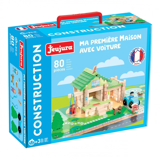 Jeujura Construcție din lemn 80 de piese Prima mea casă cu mașină