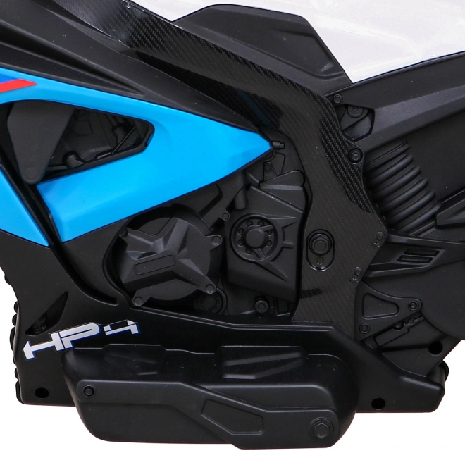BMW HP4 Motocicletă pentru copii pe baterie Albastru + 3 roți + LED + MP3 USB + Piele Eco