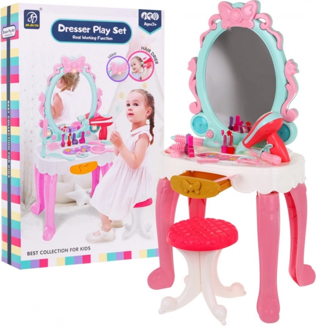 Măsuță de toaletă interactivă pentru fete 3+ Scăunel + uscător + accesorii