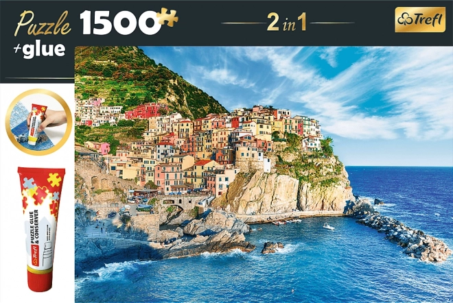 Set puzzle 2 în 1 Manarola Liguria Italia 1500 piese cu adeziv