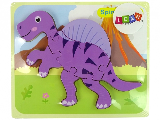 Puzzle de lemn dinozaur Corythosaurus roz și Spinosaurus violet