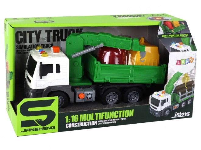 Camion de gunoi cu macara verde 1:16 cu sunete și tracțiune cu frecare