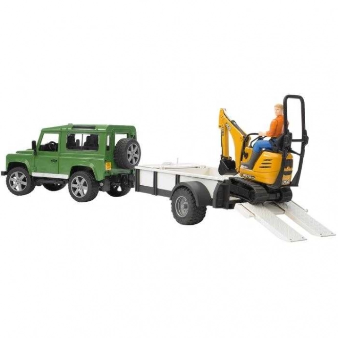 Land Rover cu remorcă și mini excavator JCB de la Bruder