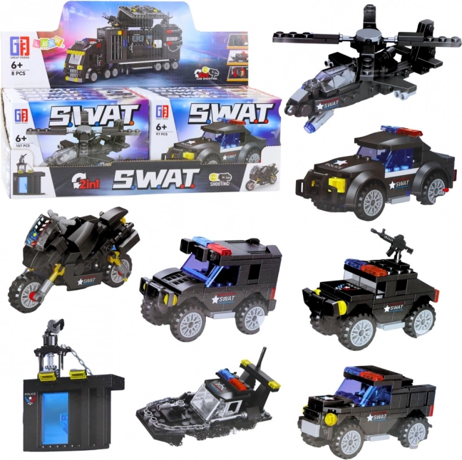 Set de construcție SWAT – vehicule și mijloace de transport 2‑în‑1 (92–117 piese)